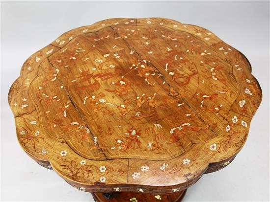 A Chinese ivory inlaid pen-work hardwood centre table, late 19th century, width 90cm, splits